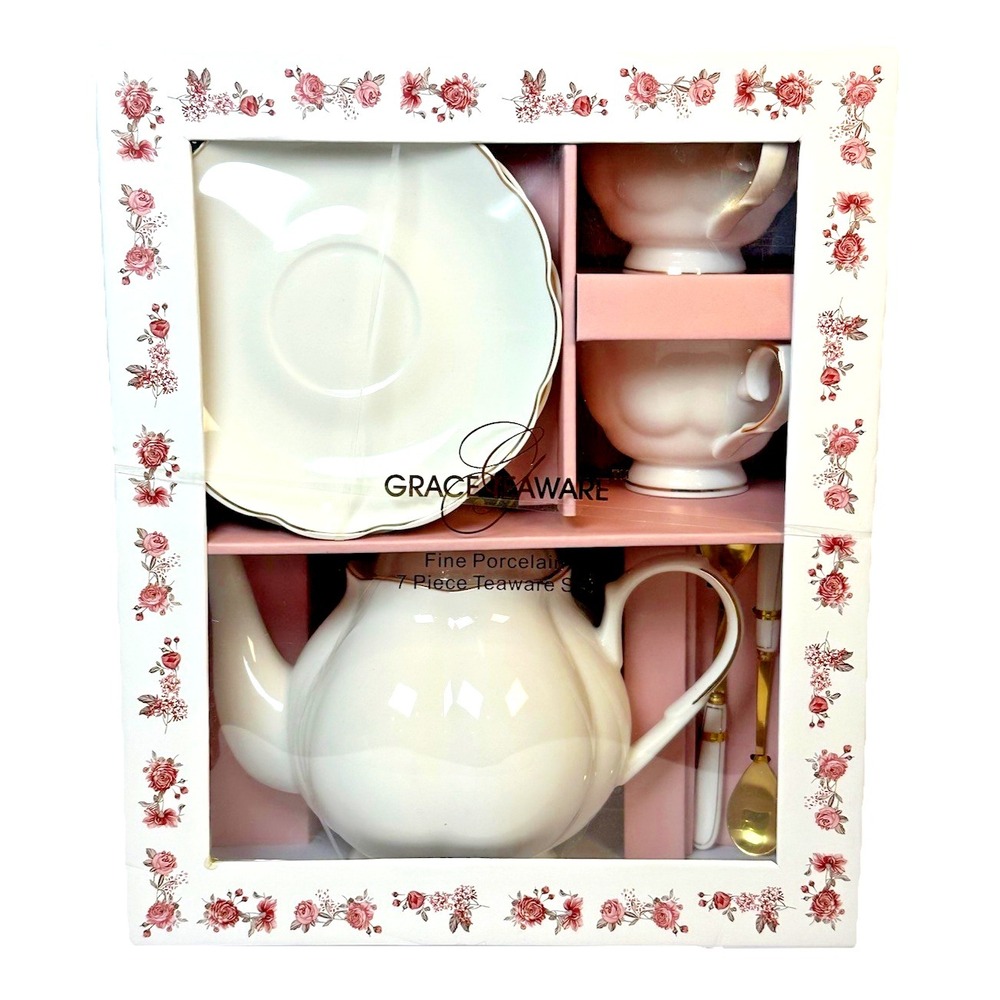 Grace Teaware Fine Porcelain 7-Piece Tea Time Gift Set Teapot Cups Saucers New